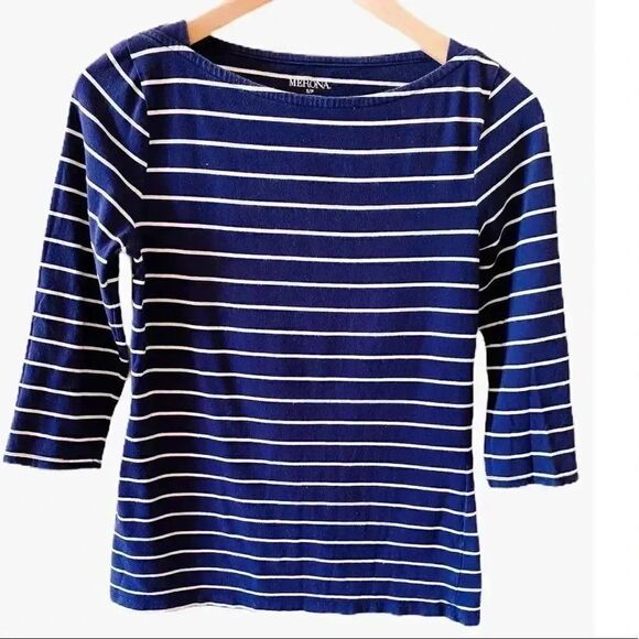 Merona White & Navy Stripes Long Sleeves Women  Crewneck Top SZ SP # 1416 - Picture 1 of 4